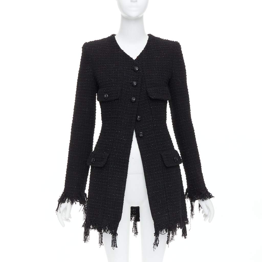 Chanel Black Tweed Fringe Jacket Black Cotton Very good - Front View
