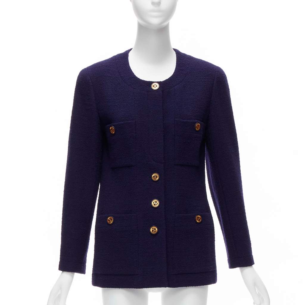 Chanel Navy Gold Pocket Jacket Blue Wool Never worn - Front View