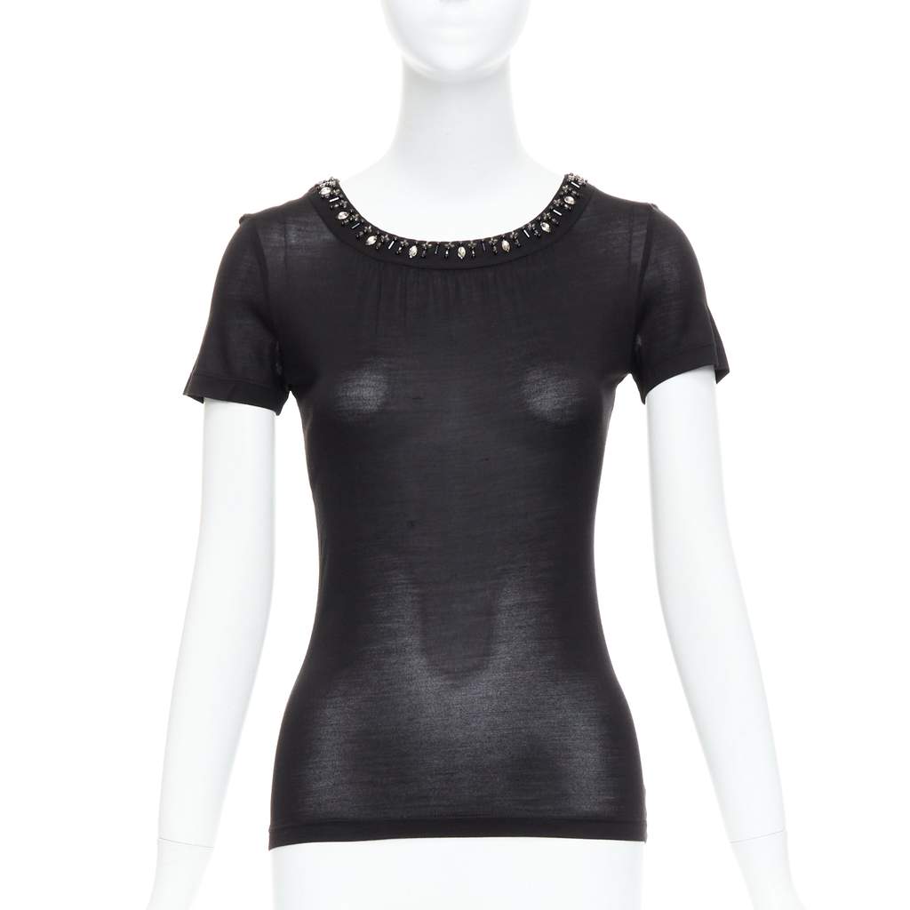 Christian Dior Beaded Collar Tee Black Silk Very good - Front View