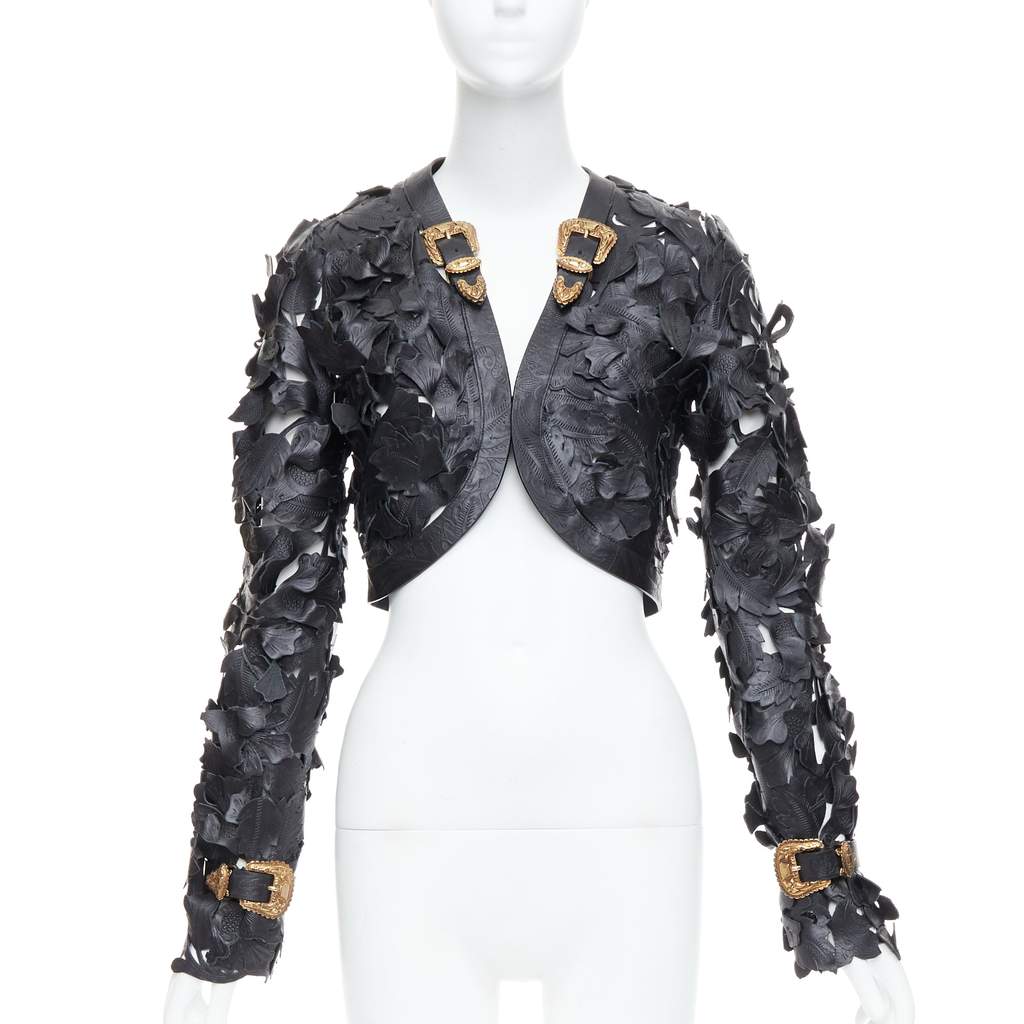 Alexander McQueen Black Floral Leather Jacket Black Leather Very good condition - Front View