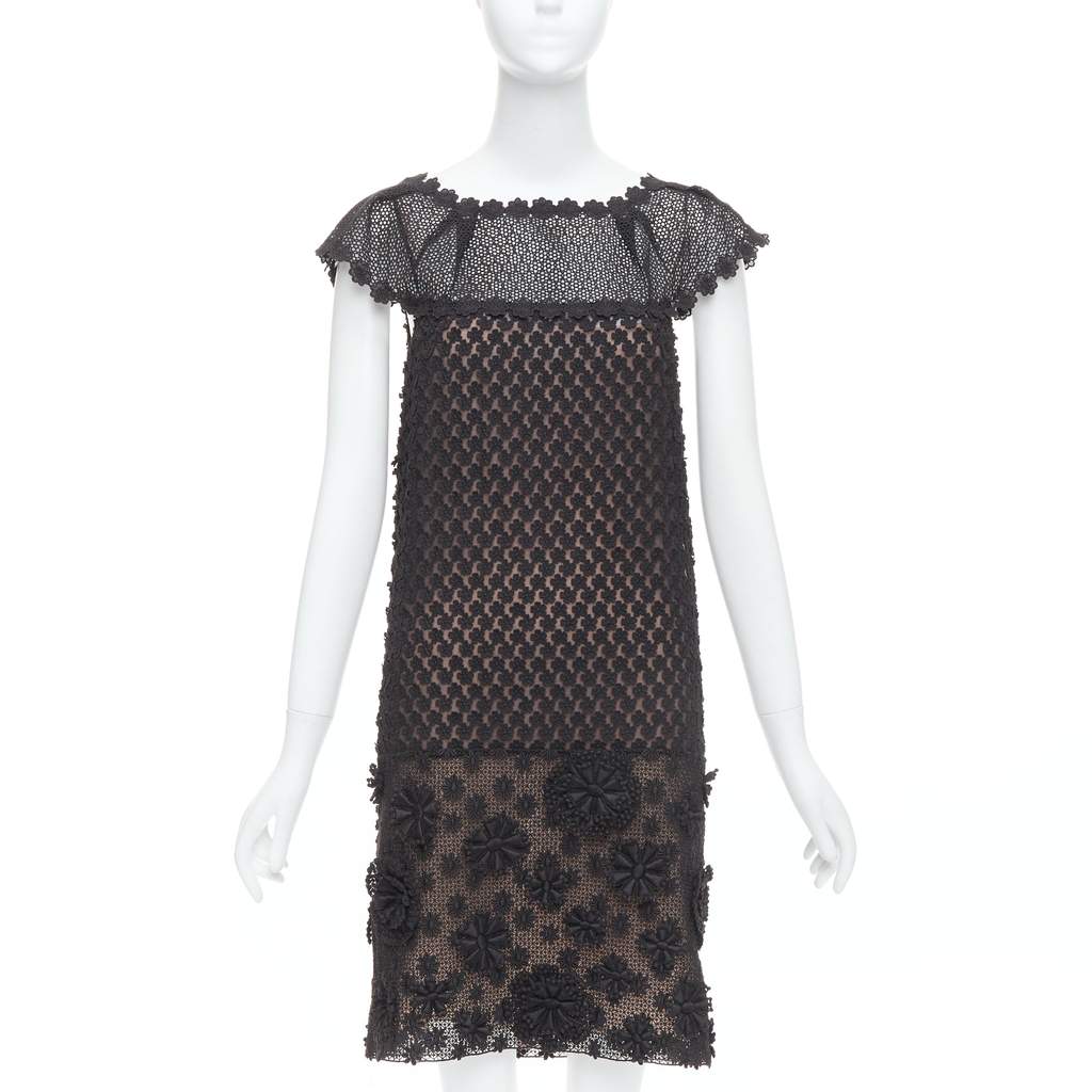 Prada Floral Applique Dress Black Cotton Very good condition - Front View