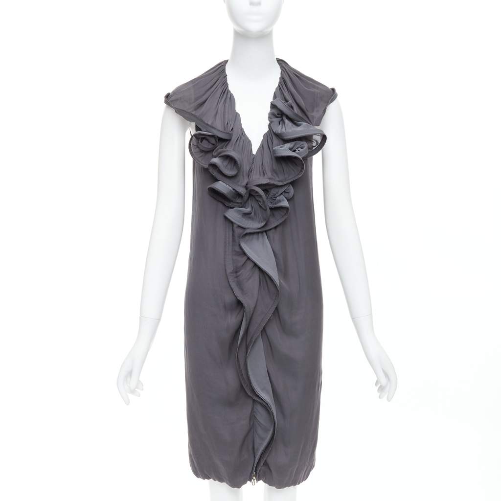 Lanvin Ruffle Collar Dress Grey Polyester Good - Front View
