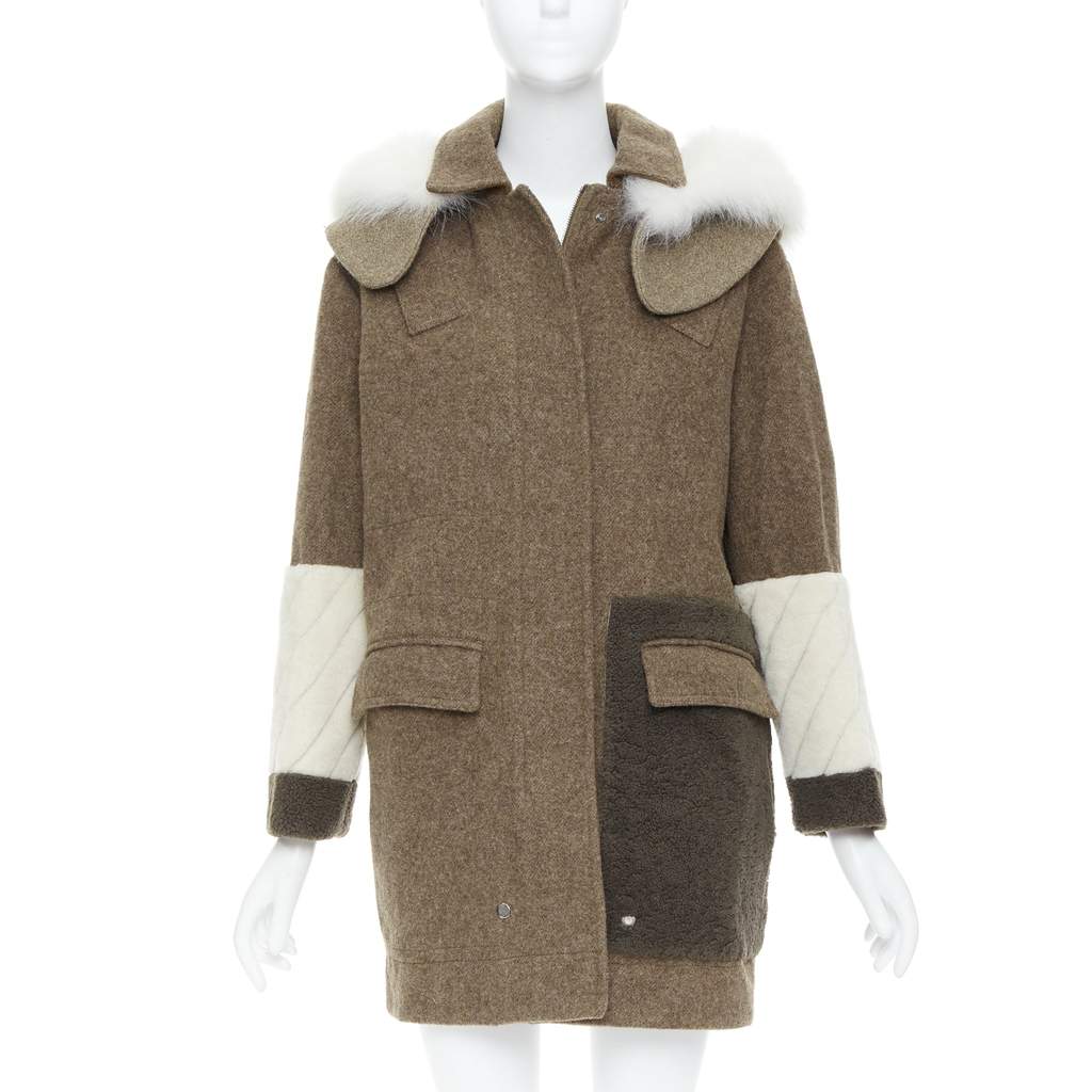 Fendi Brown Fur Hooded Parka Brown Wool Good - Front View