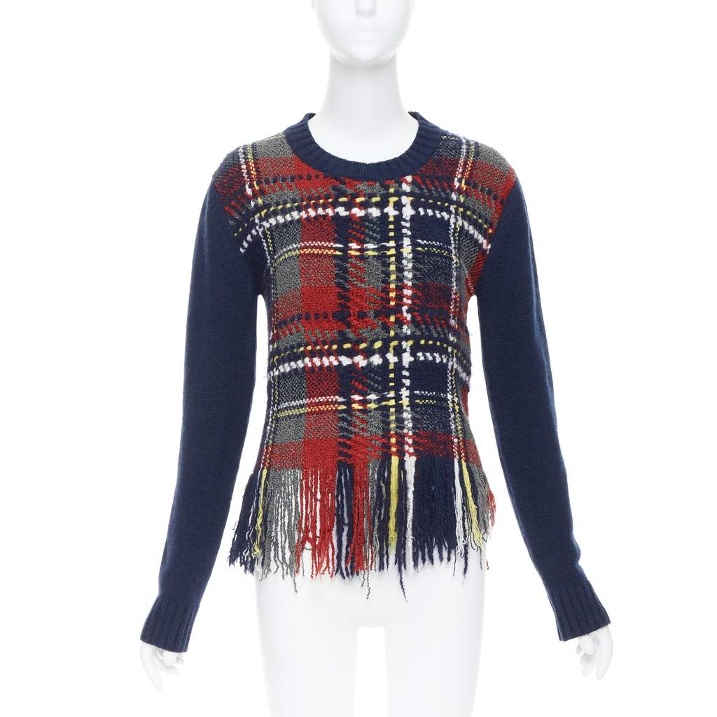 Dior Plaid Fringe Sweater Navy Cashmere Very good - Front View