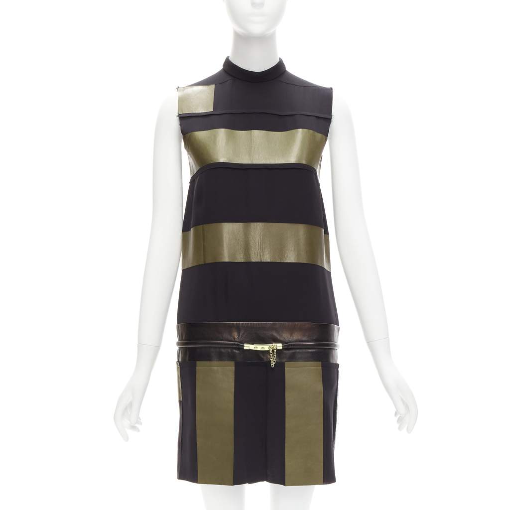 Celine Panel Gold Belt Dress Khaki Leather Fair condition - Front View
