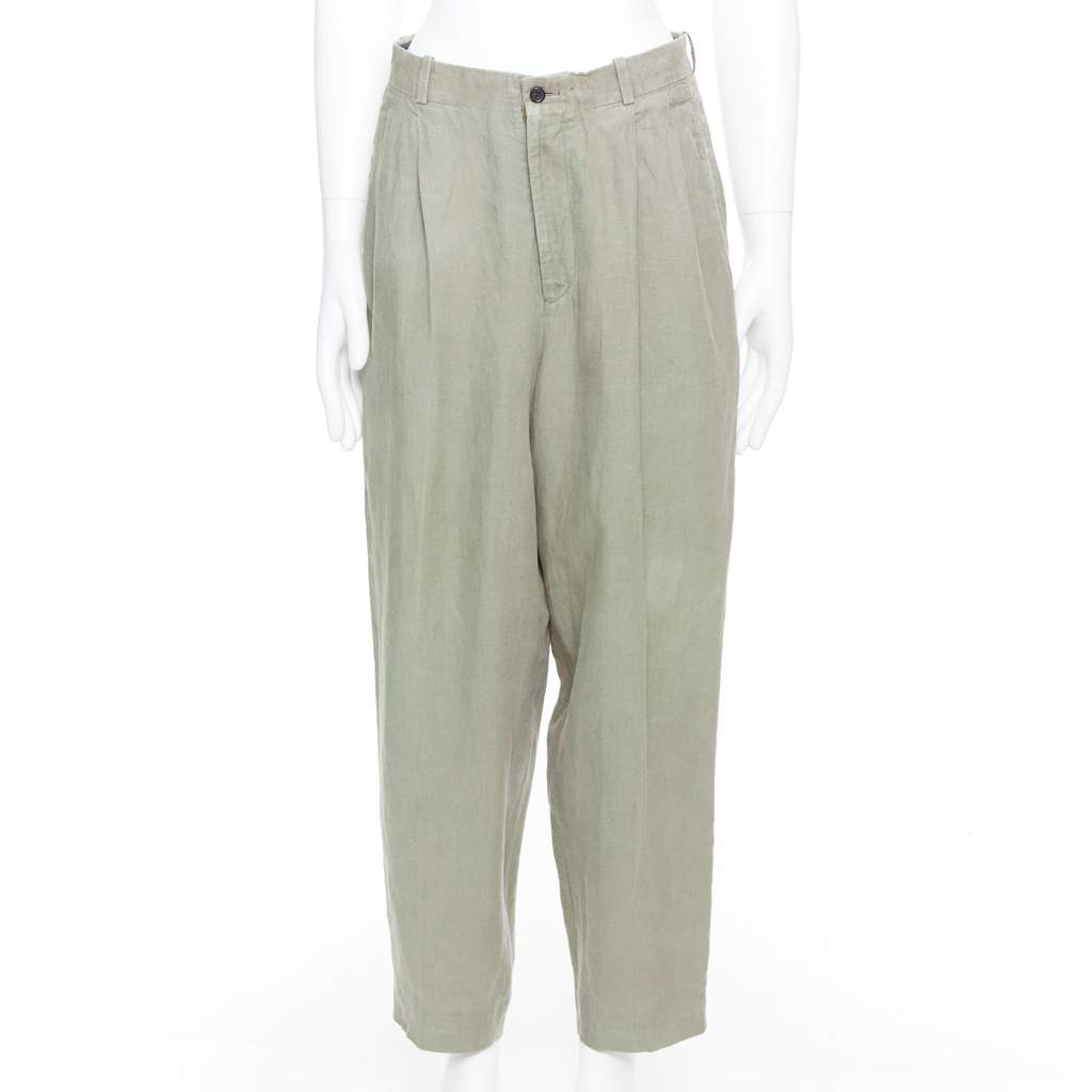Yohji Yamamoto Linen Pleated Pants Green Linen Fair condition - Front View