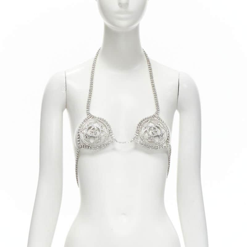 Gucci Rhinestone Showgirl Bra Silver Polyester Never worn - Front View