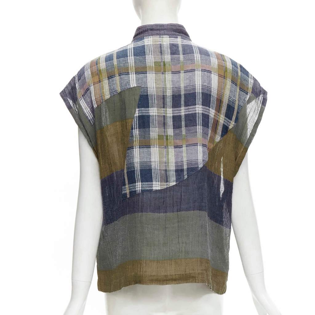 Issey Miyake Check Patchwork Vest MultiColor Linen Good - Front View