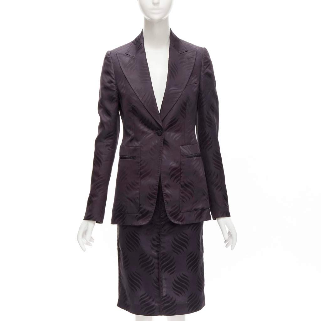 Gucci Black Jacquard Skirt Suit Purple Silk Very good - Front View