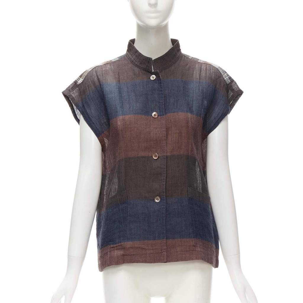 Issey Miyake Checked Patchwork Shirt Brown Linen Very good - Front View