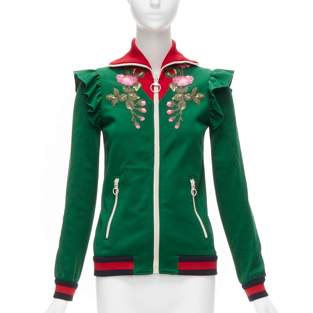 Gucci Floral Ruffled Jacket Green Polyester Very good - Front View