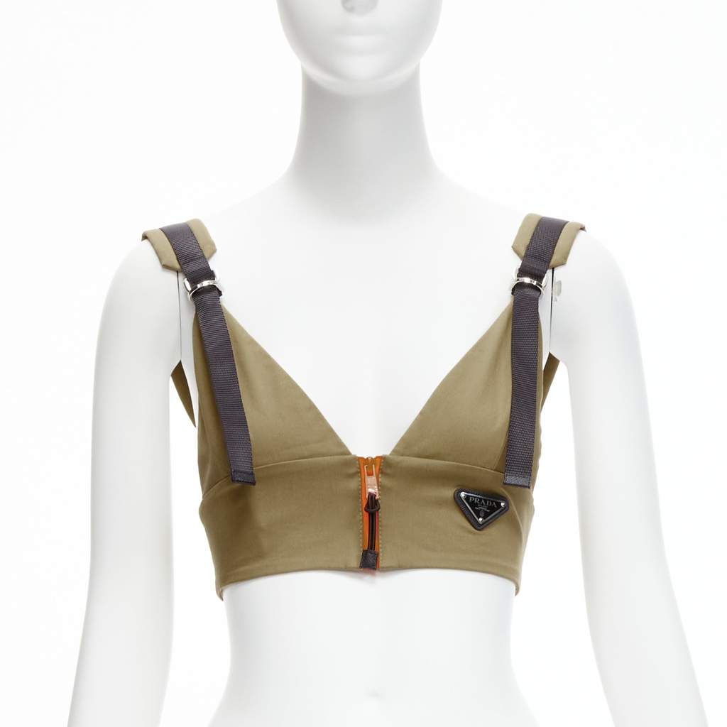 Prada Zip Strap Bra Top Green Cotton Never worn, with tag - Front View