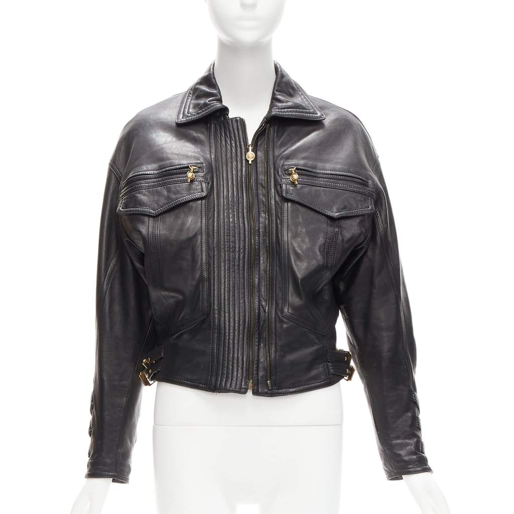 Gianni Versace Bondage Buckle Bomber Black Leather Good - Front View