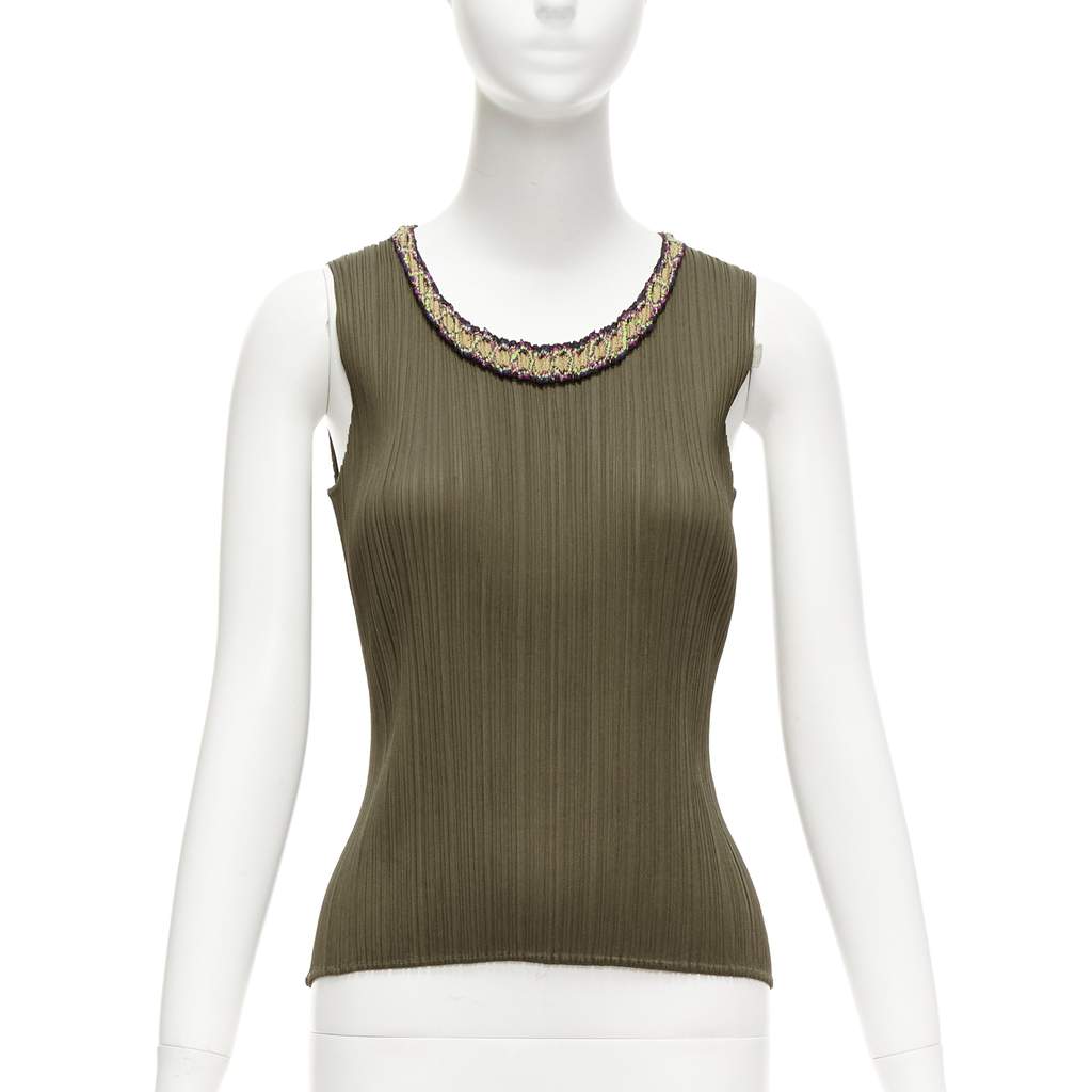 Issey Miyake Embroidery Plisse Vest Khaki Polyester Never worn - Front View