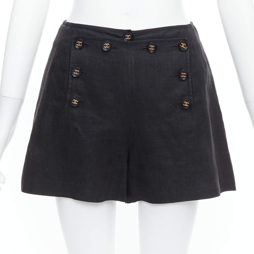 Chanel Gold Sailor Shorts Black Linen Never worn - Front View
