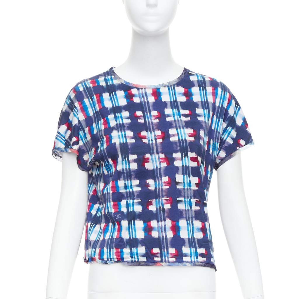 Chanel Check Silk Crop Top Blue Cotton Good - Front View
