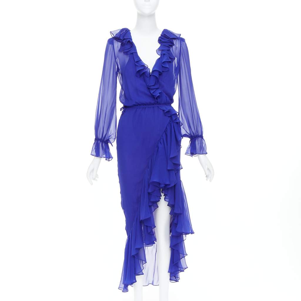 Saint Laurent Ruffle Wrap Dress Blue Silk Very good condition - Front View