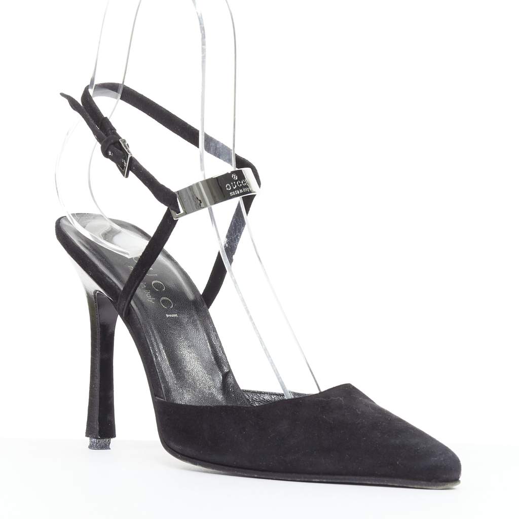 Gucci Metal ID Slingbacks Black Suede Good - Front View