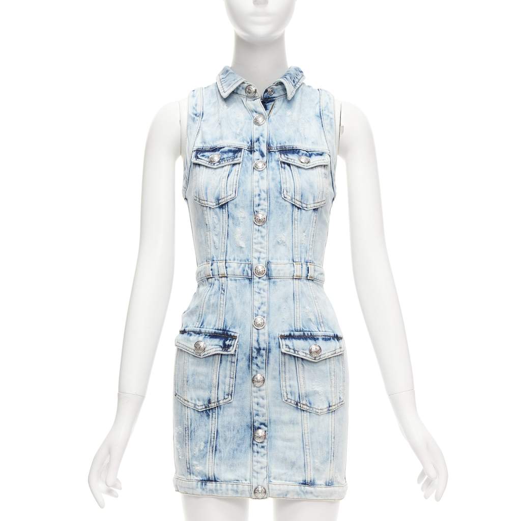 Balmain Distressed Denim Dress Blue Never worn - Front View