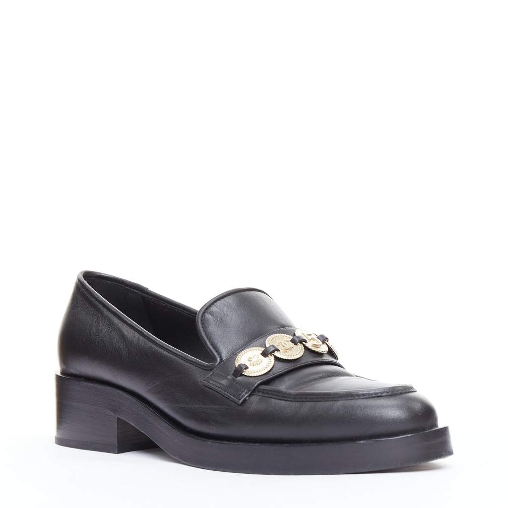 Chanel Coin Embellished Loafers Black Leather Good - Front View