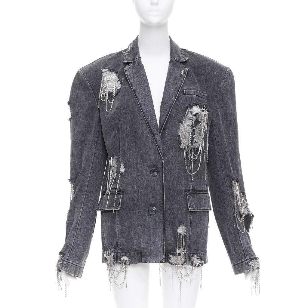Unsigned Beaded Chain Blazer Grey Cotton Very good - Front View