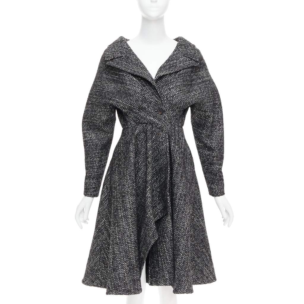 Unsigned Grey Tweed Swing Coat Black Wool Very good - Front View