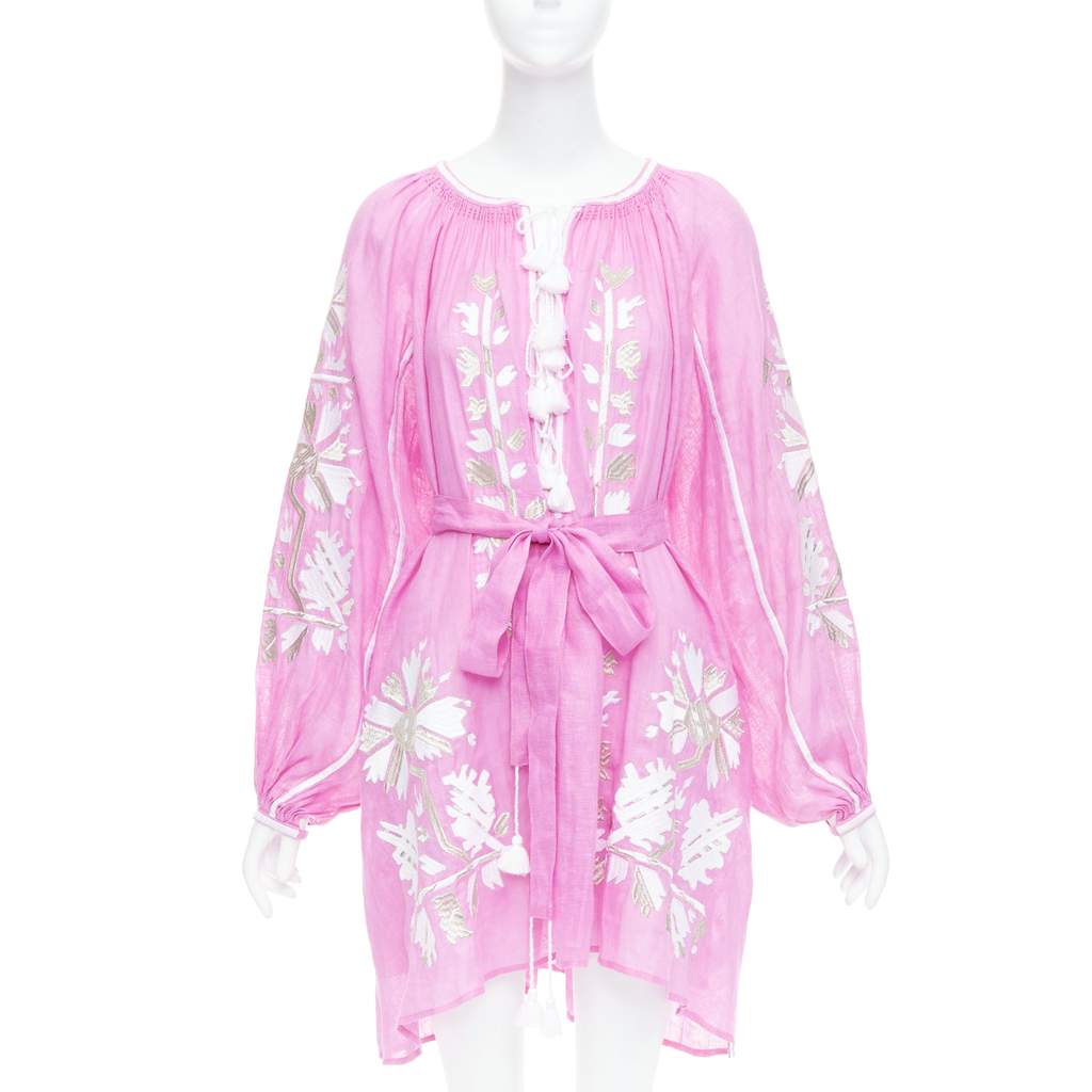 Unsigned Embroidery Boho Dress Pink Linen Never worn, with tag - Front View