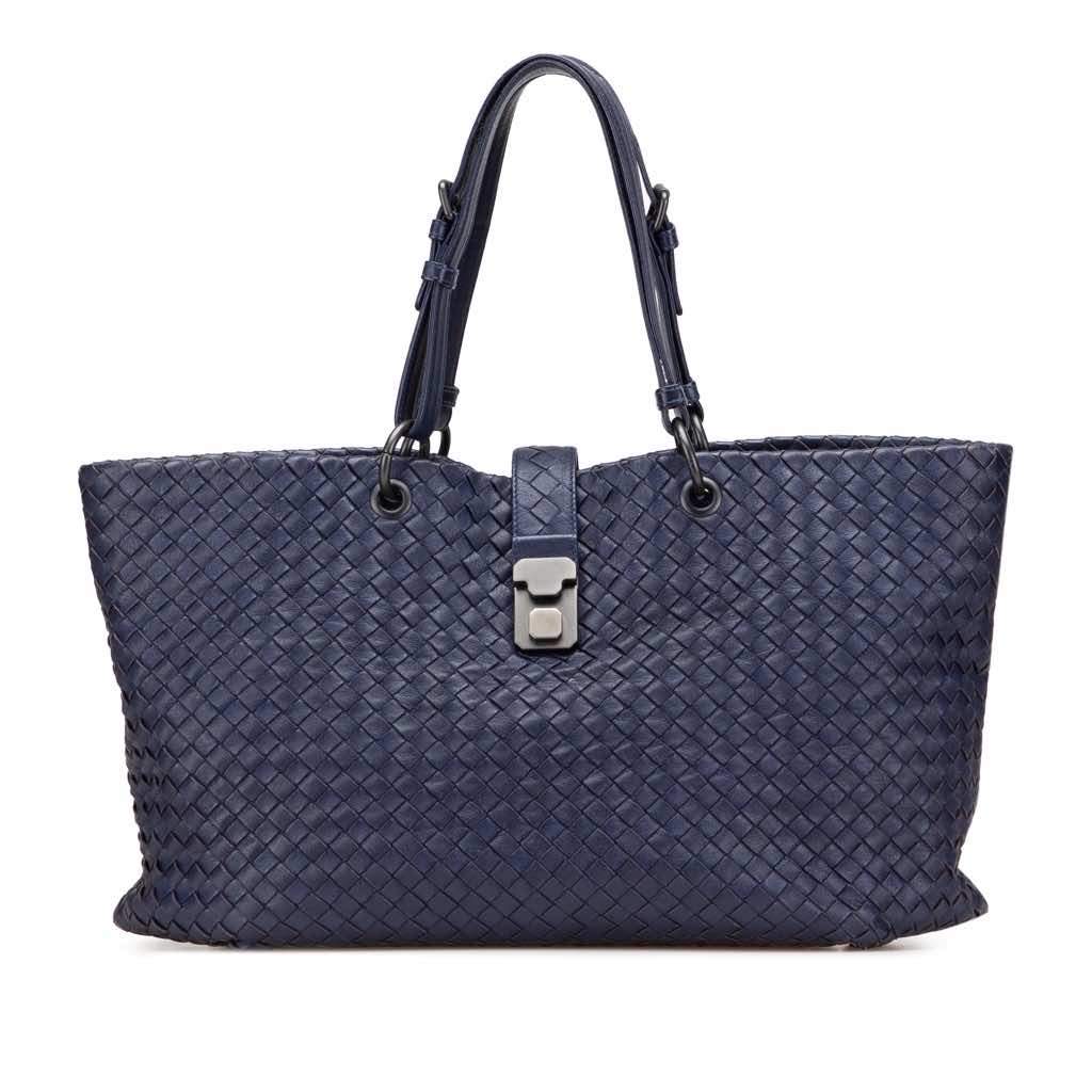 Bottega Veneta Medium Nappa Intrecciato Roma Tote Blue Leather Good - Front View