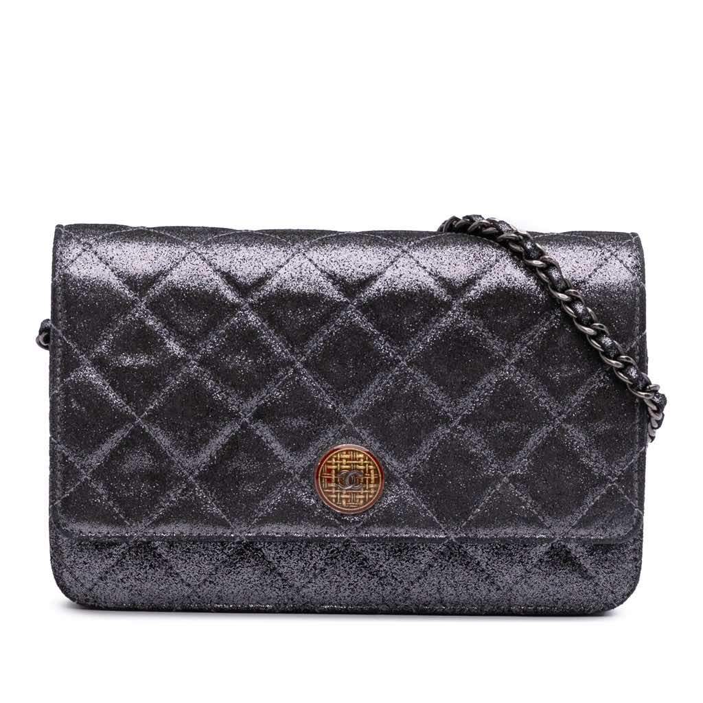 Chanel Quilted Iridescent Lambskin Tartan Button Wallet On Chain Silver Leather Very good - Front View