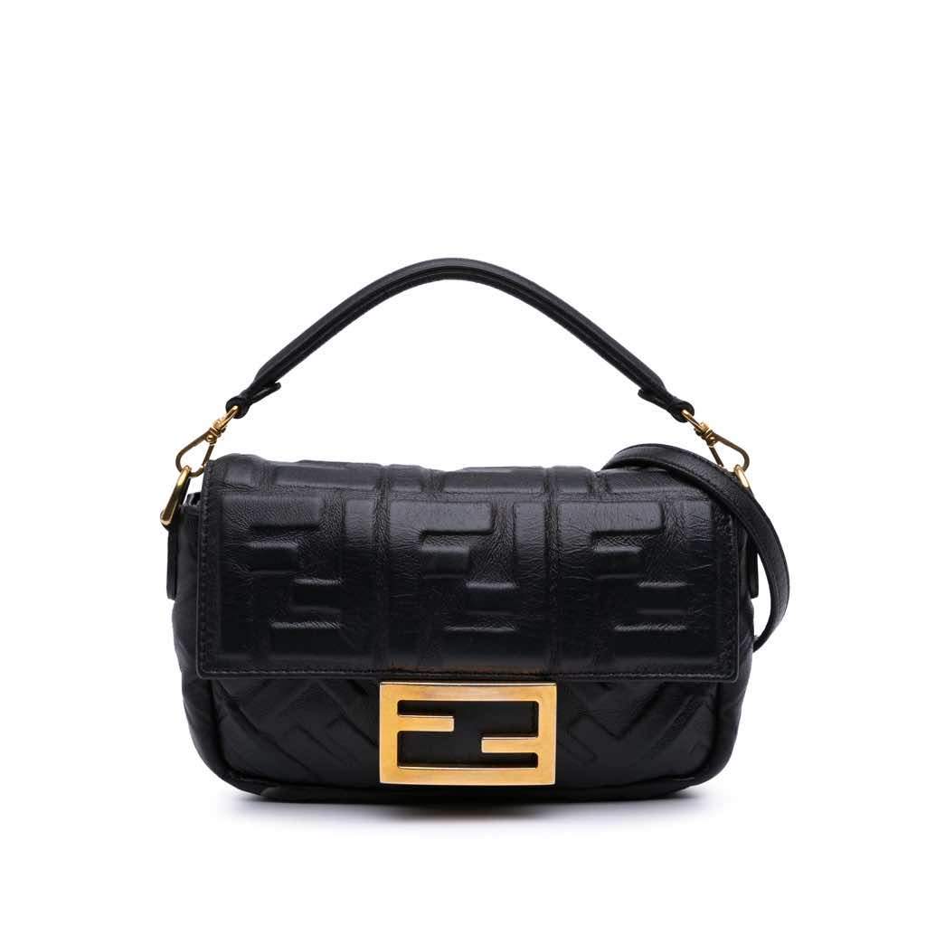 Fendi Mini Zucca Embossed Leather Baguette Satchel Black Leather Good - Front View