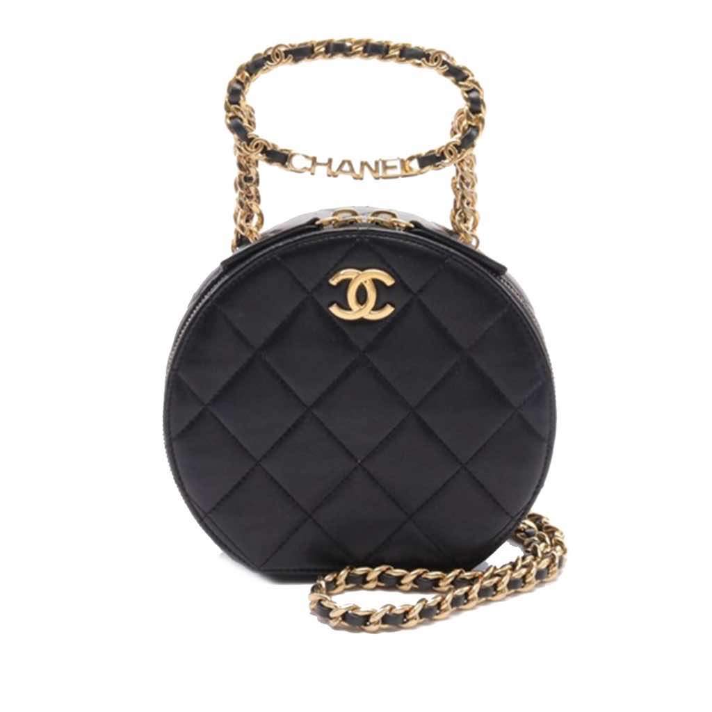Chanel Quilted Lambskin Oval Logo Chain Top Handle Round Clutch on Chain Black Leather Very good condition - Front View