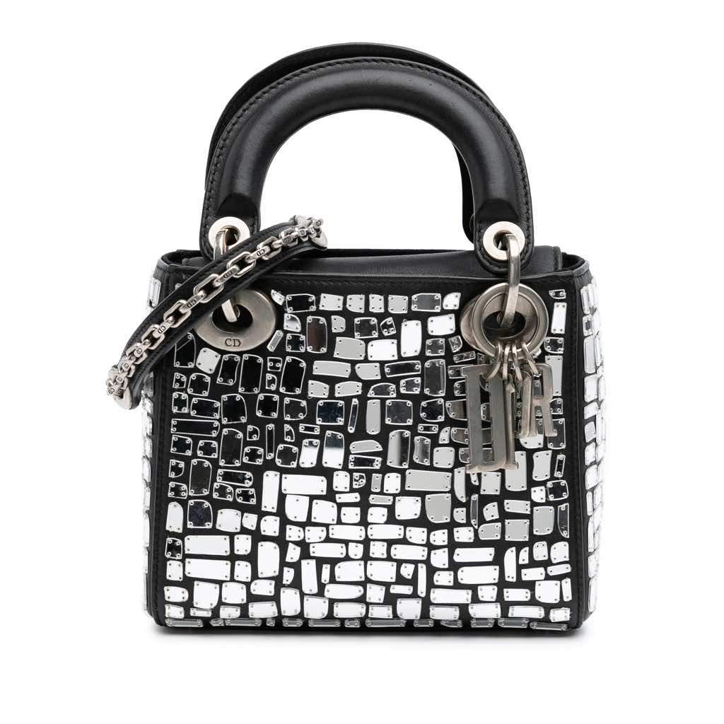 Dior Mini Smooth Calfskin Embroidered Mosaic of Mirrors Lady Dior Black Leather Good - Front View