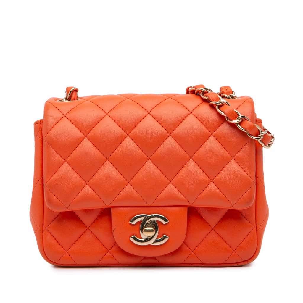 Chanel Mini Square Classic Lambskin Single Flap Orange Leather Good - Front View