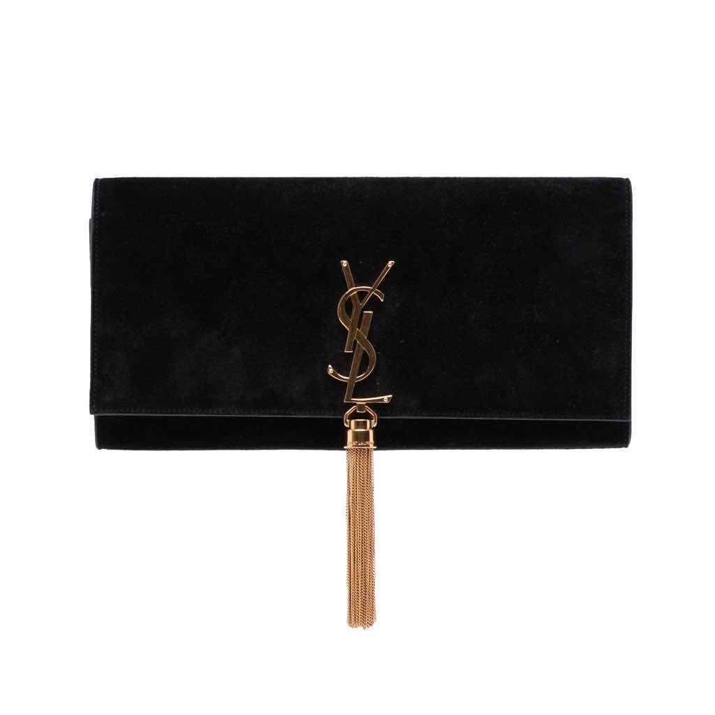 Saint Laurent Suede Classic Monogram Cassandre Tassel Clutch Black Leather Good - Front View