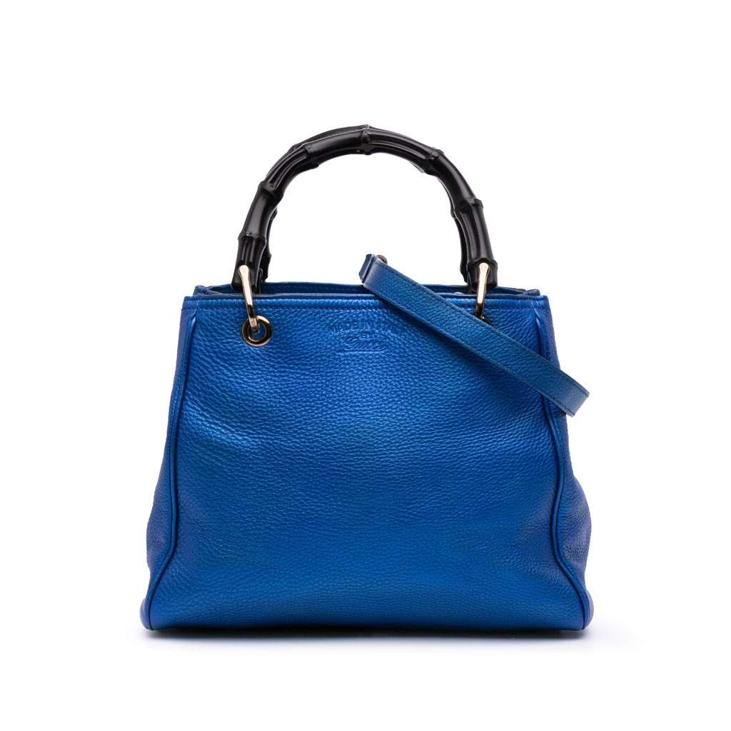 Gucci Small Metallic Calfskin Bamboo Shopper Satchel Blue Leather Good - Front View