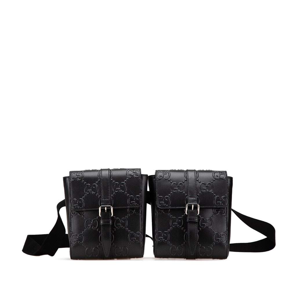 Gucci GG Embossed Perforated Double Belt Bag Black Leather Very good - Front View