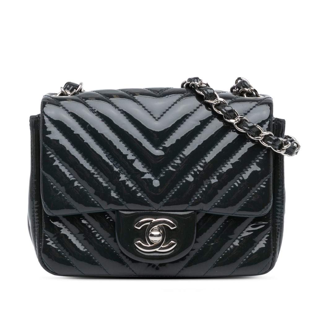 Chanel Mini Square Classic Chevron Patent Flap Blue Leather Very good - Front View