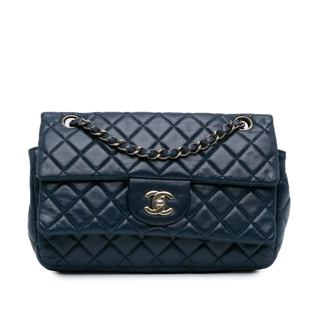 Chanel CC Quilted Lambskin Double Flap Blue Leather Good - Front View