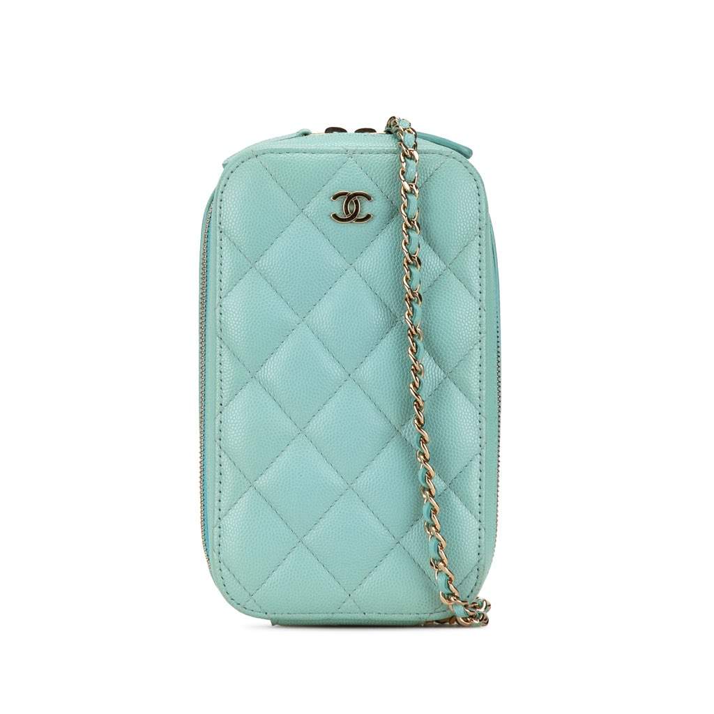 Chanel CC Quilted Caviar Zip Phone Case Blue Leather Very good - Front View