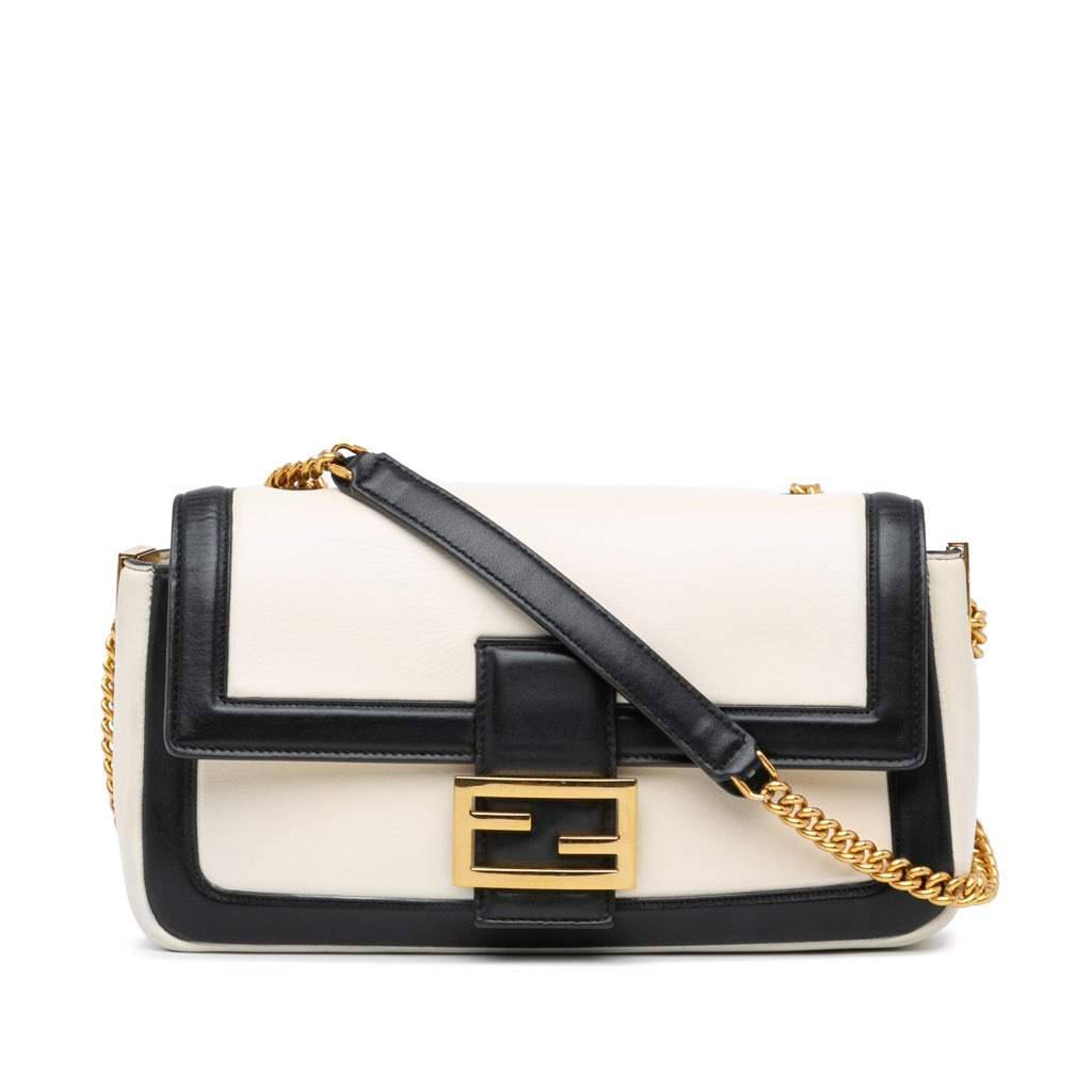 Fendi Bicolor Leather Chain Baguette White Leather Good - Front View