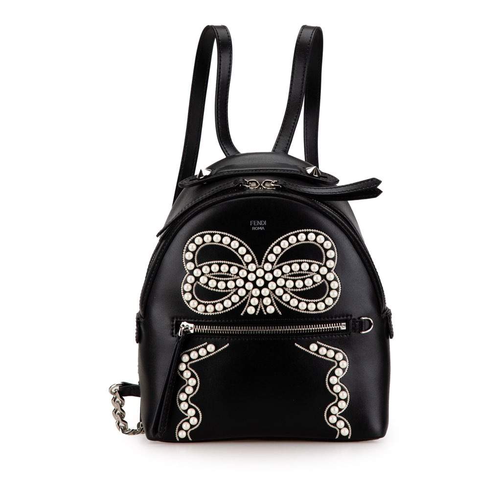 Fendi Mini By The Way Leather Ribbon Pearl Backpack Black Leather Very good - Front View