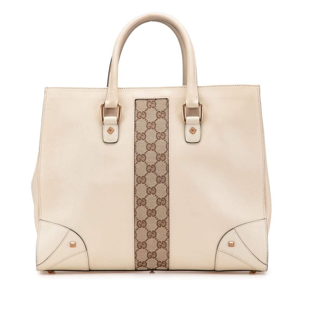 Gucci Calfskin and GG Canvas Nailhead Tote White Leather Good - Front View