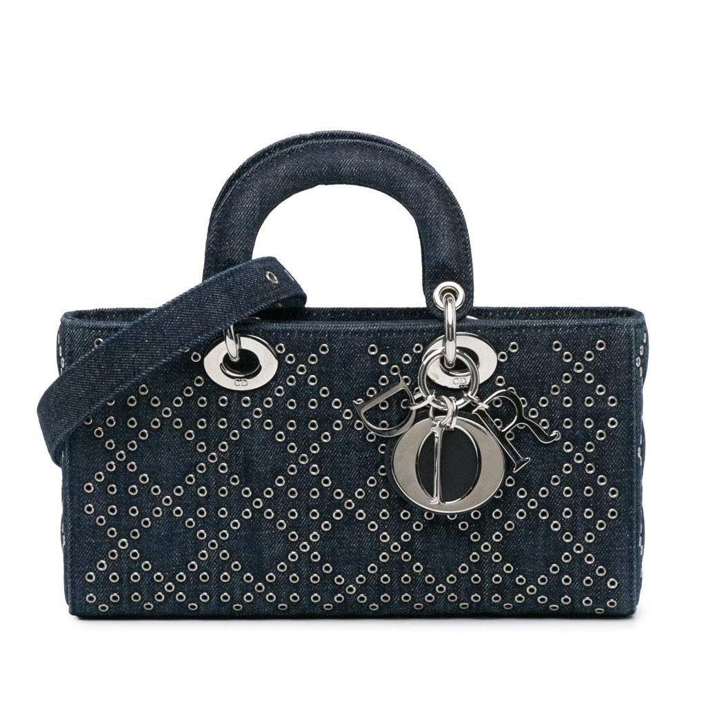Dior Medium Denim Cannage Eyelet Lady D Joy Blue Denim Good - Front View