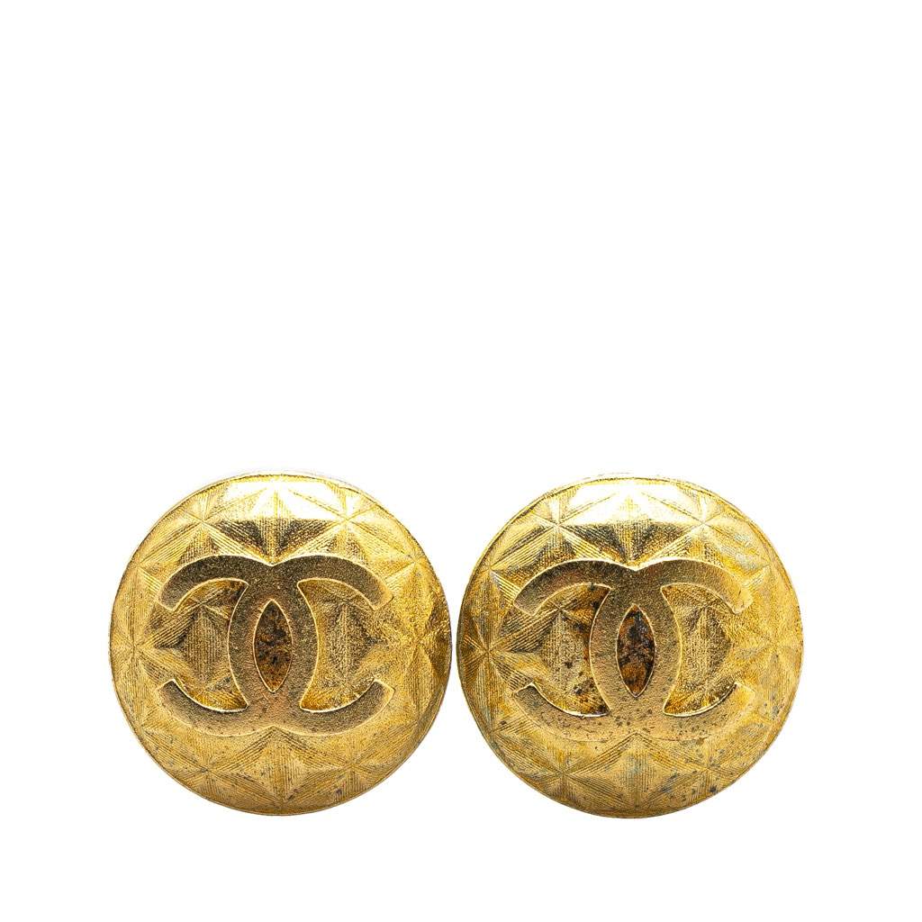Chanel Gold Plated CC Round Clip on Earrings Gold Metal Good - Front View