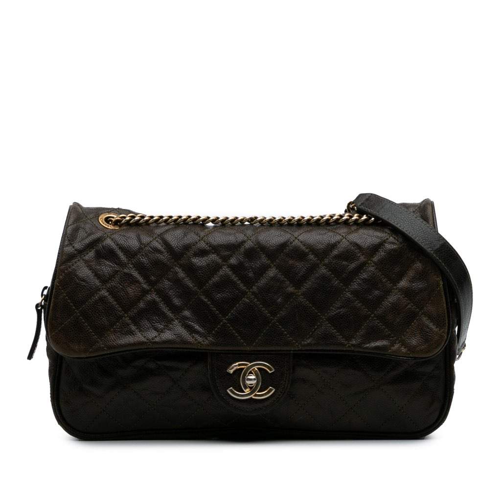 Chanel Large Quilted Glazed Caviar Shiva Flap Brown Leather Good - Front View