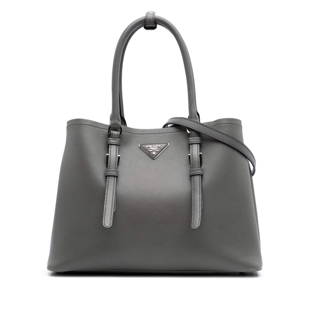 Prada Medium Saffiano Cuir Double Satchel Grey Leather Good - Front View