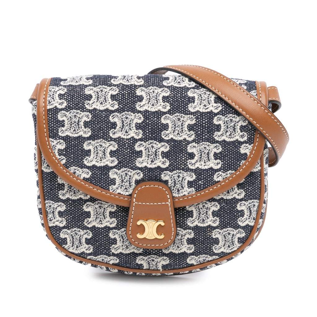 Celine Mini Triomphe Canvas and Calfskin Besace Crossbody Blue Canvas Good - Front View