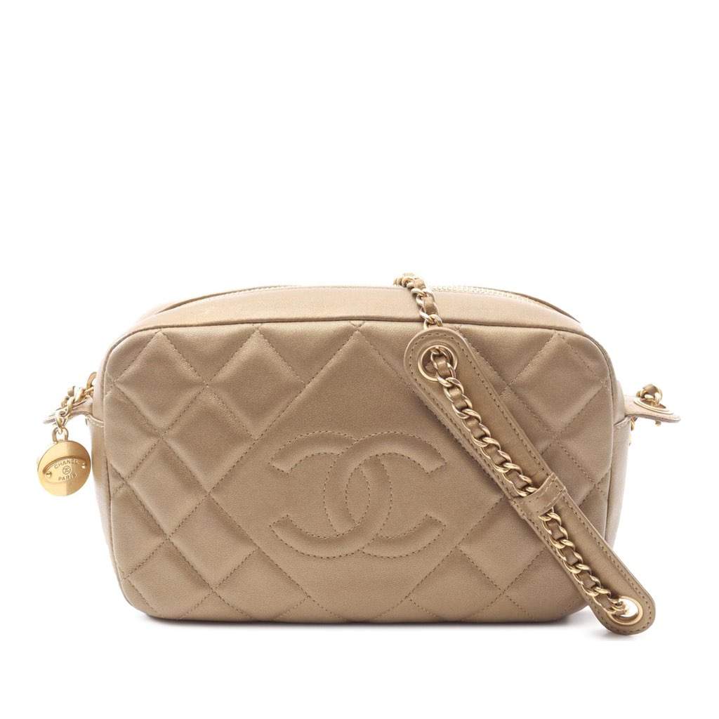 Chanel CC Quilted Lambskin Camera Crossbody Gold Leather Good - Front View