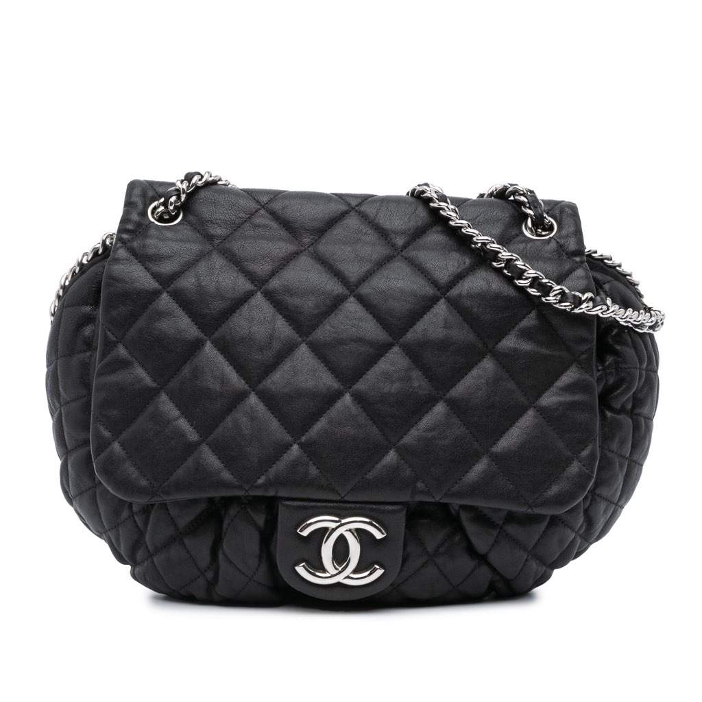 Chanel Large Lambskin Chain Around Flap Black Leather Good - Front View