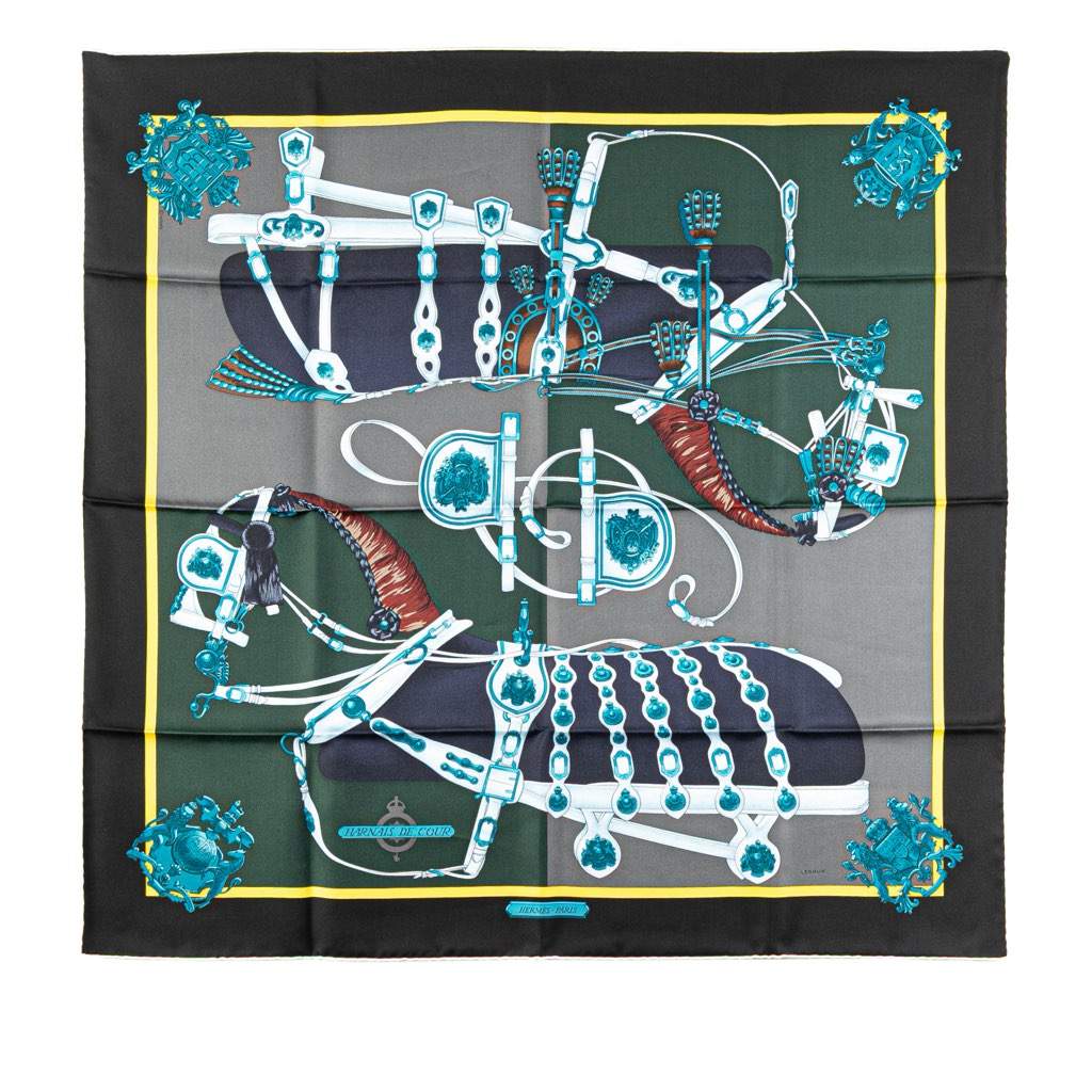 Hermès Harnais De Cour Silk Scarf Grey Silk Very good condition - Front View